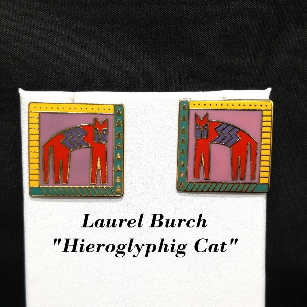 Laurel Burch "Hieroglyphig Cat" Post Earrings, Gold Plated Cloisonné Enamel